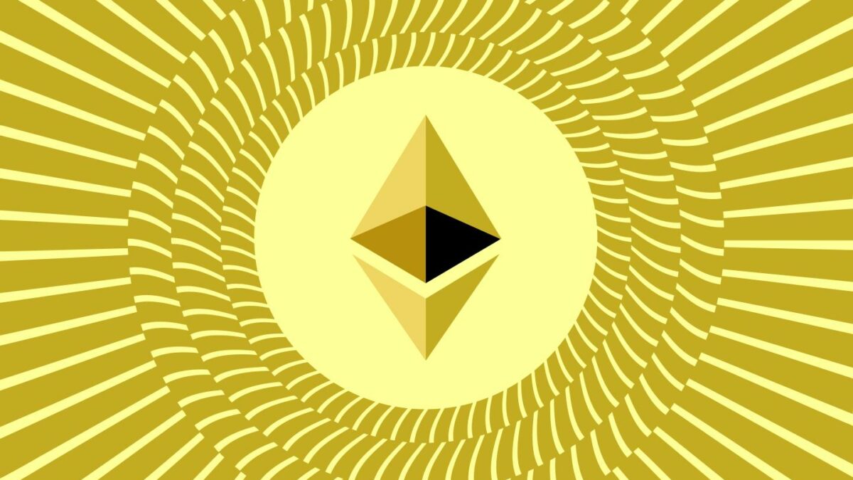 A picture of the Ethereum logo with rays around it.