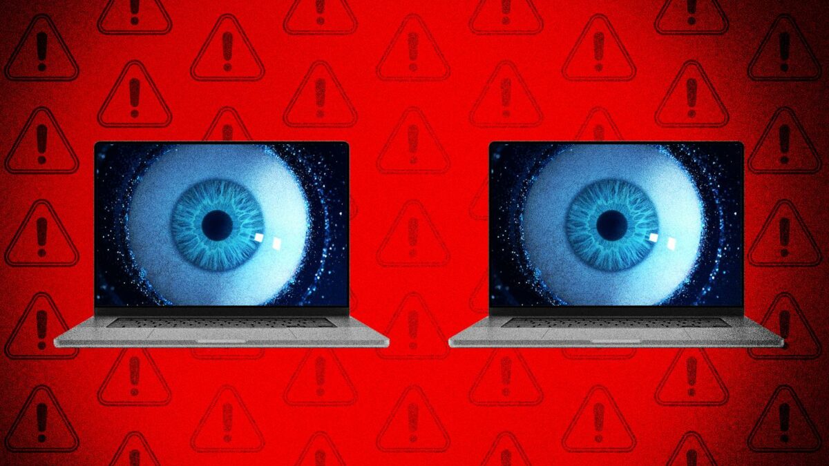 A photo illustration of two laptops with eyeballs over a red background with alert signs.