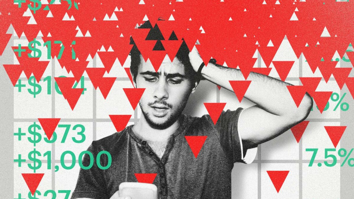 In this photo illustration, a young man looks at his phone, and a flurry of red arrows point downward