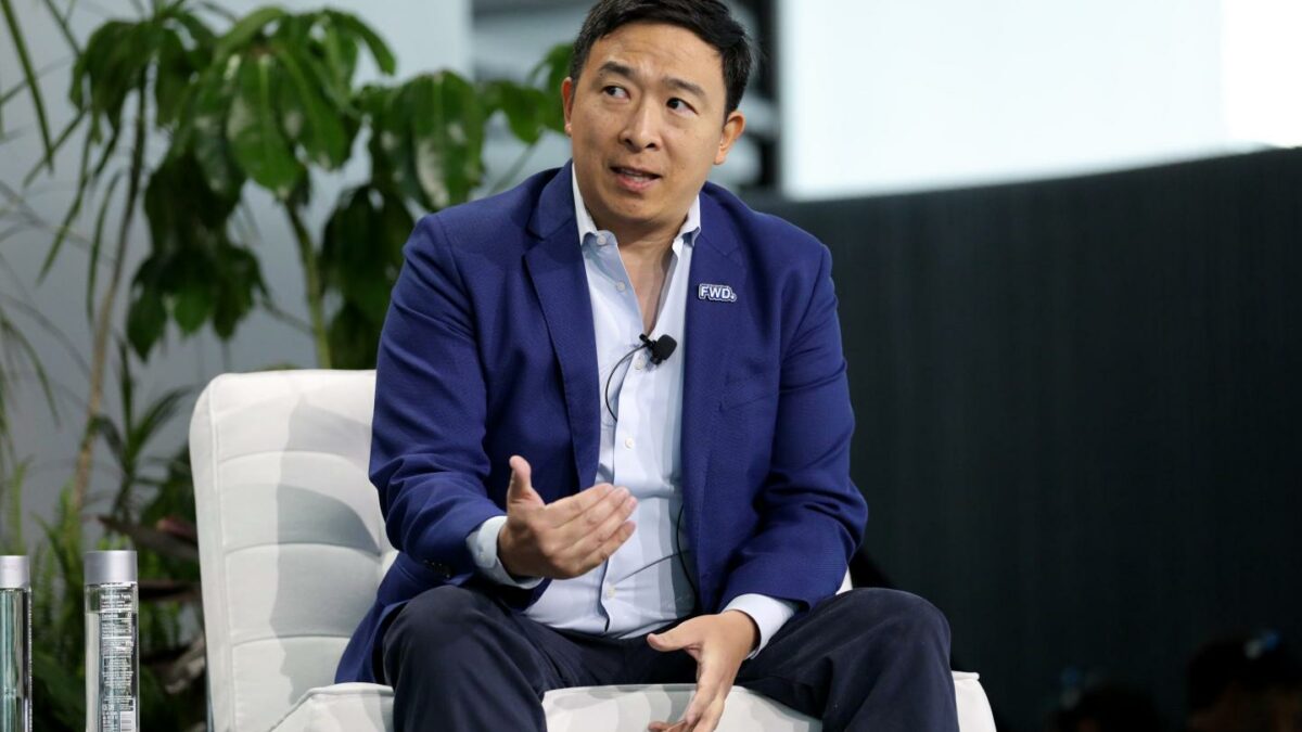 Andrew Yang speaks during a panel discussion in New York