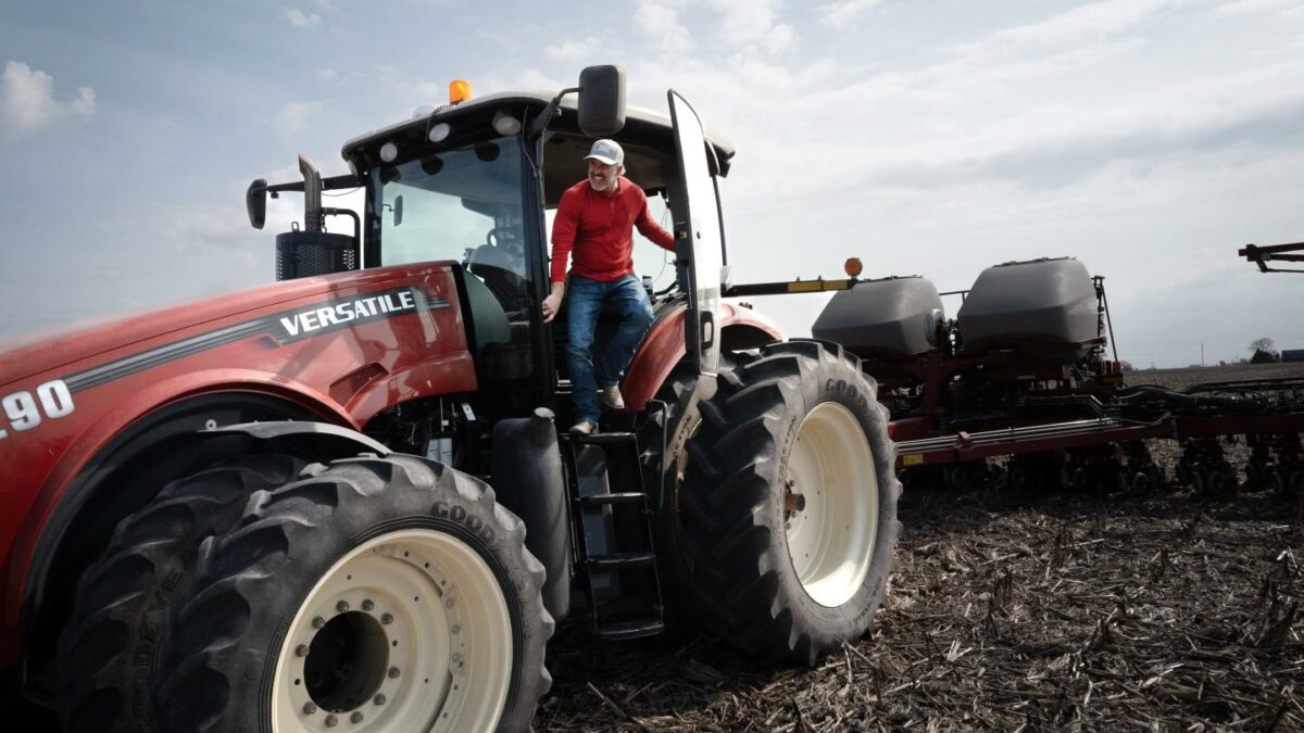 Dan Duffy uses a tractor to plant soybeans on land he farms with his brother on April 28, 2025 near Dwight, Illinois.