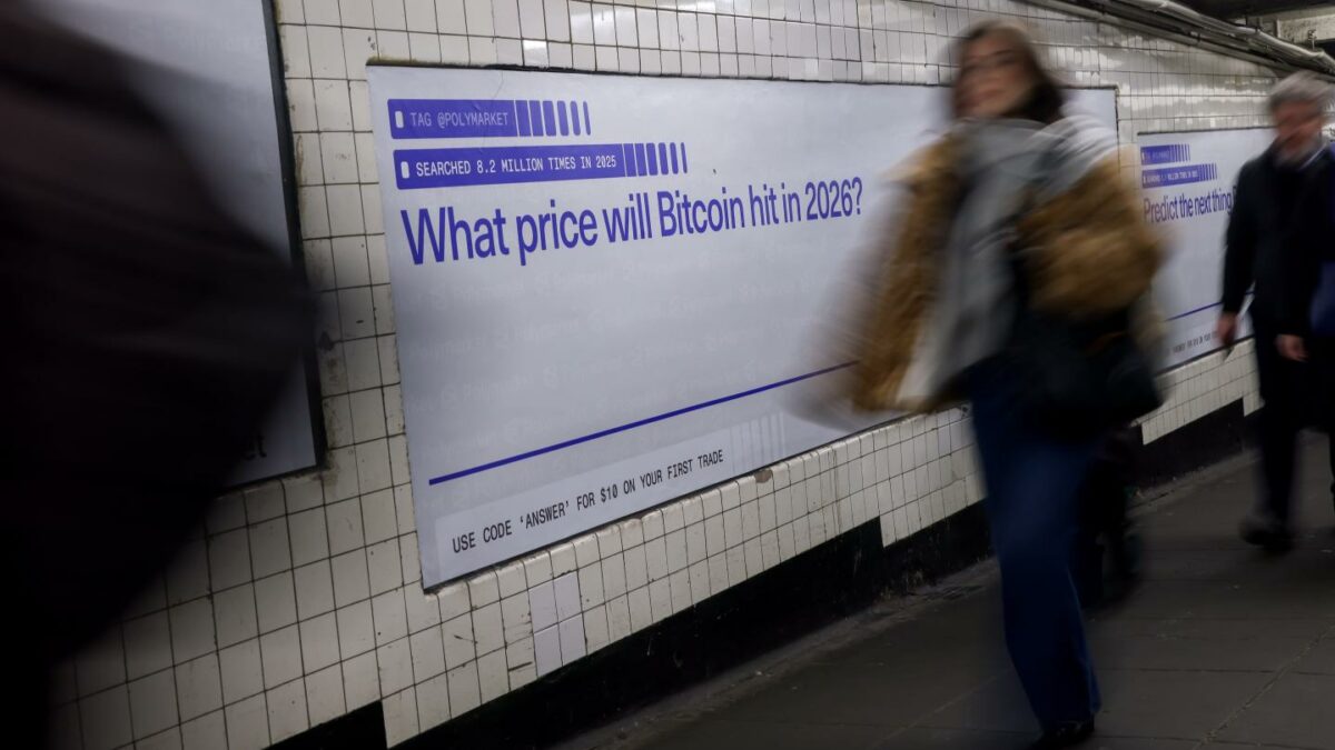 A Polymarket ad in a New York City subway station poses the question, "What price will Bitcoin hit in 2026?"