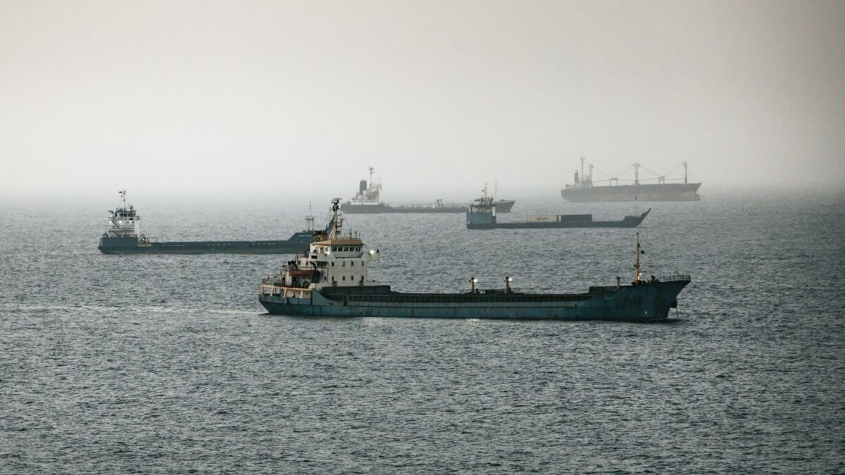 Crude oil tankers, bulk carriers and vessels sit anchored around Qaboos Port on June 22, 2026 in Muscat, Oman.